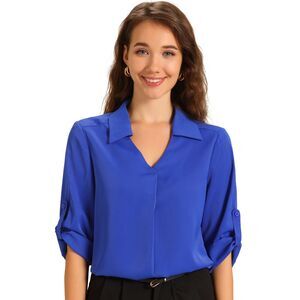 V Neck Collared Roll Up 3/4 Sleeves Flowy Pleated Tunic Tops Royal Blue